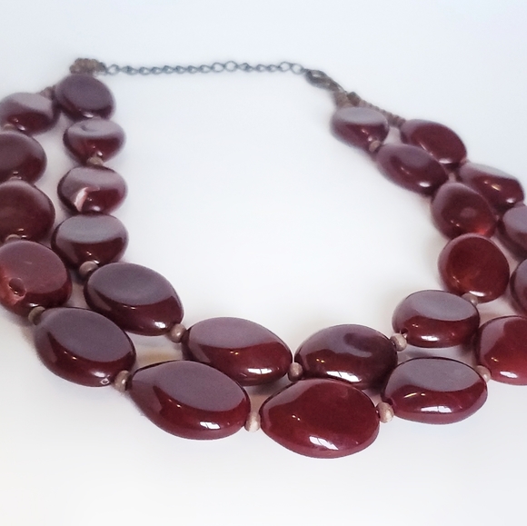 Red Bib Necklace, Vintage Chunky Double Strand Statement Jewelry, - Picture 3 of 8
